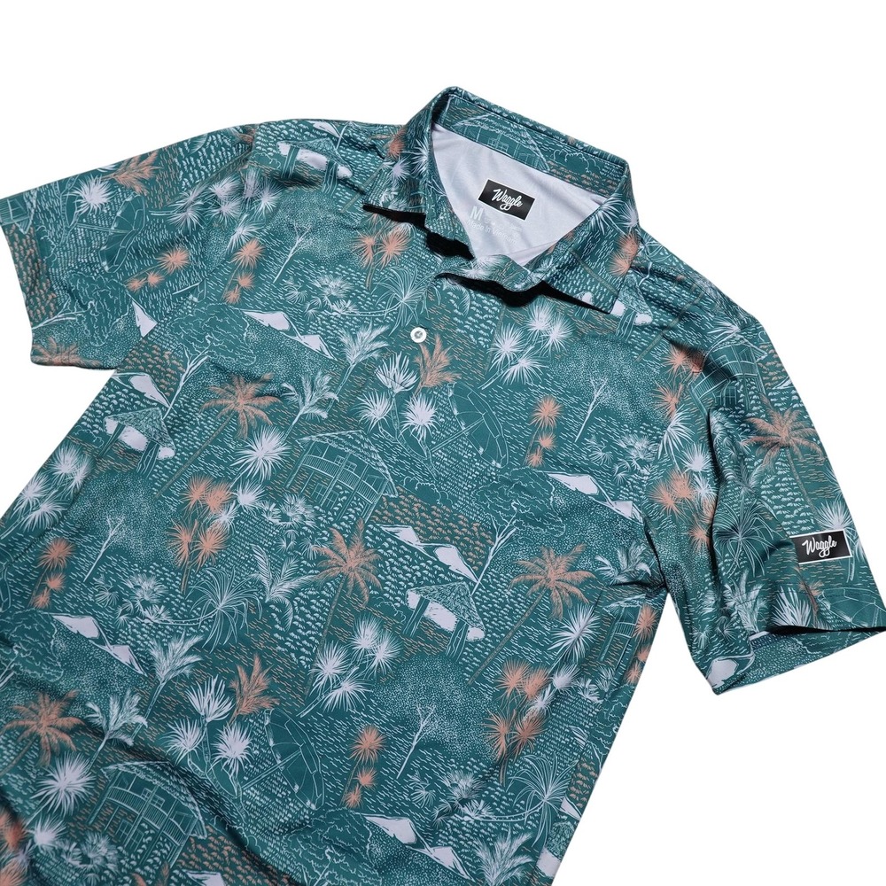 Waggle Shirt Mens Medium Green Tropical Print Golf Polo Performance Stretch